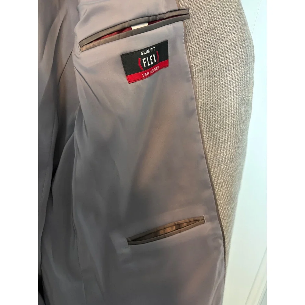 Van Heusen Flex Mens Slim Fit Blazer Gray Textured Sport Coat 46R Stretch Linen